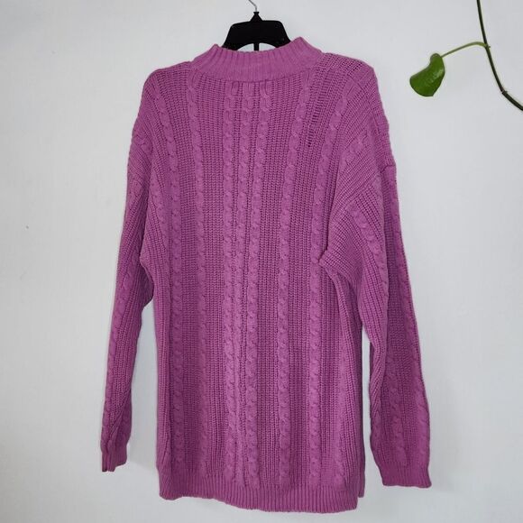 Purple Cableknit Vintage 90s Sweater Pastel Turtleneck Thick Medium Oversized - Picture 2 of 3